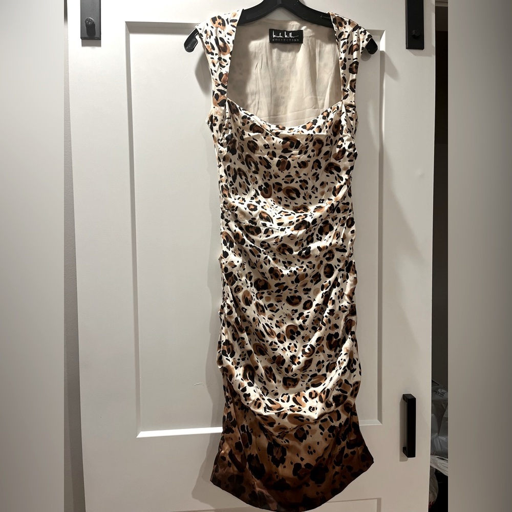 Nicole Miller Cream and Brown Leopard Print Midi Dress.